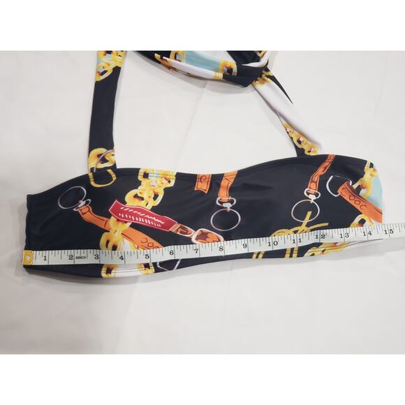 Black Colorful Western Buckle & Gold Chain Swimsuit Bikini Top w Neck Tie Around - Picture 4 of 6